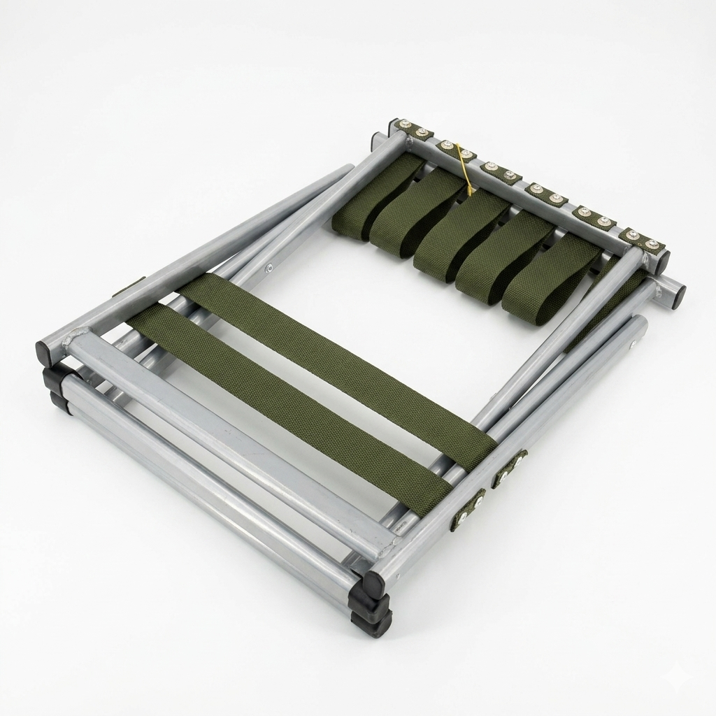 Metal folding chair with green straps on a white background