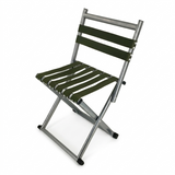 Green folding chair with metal frame on a white background