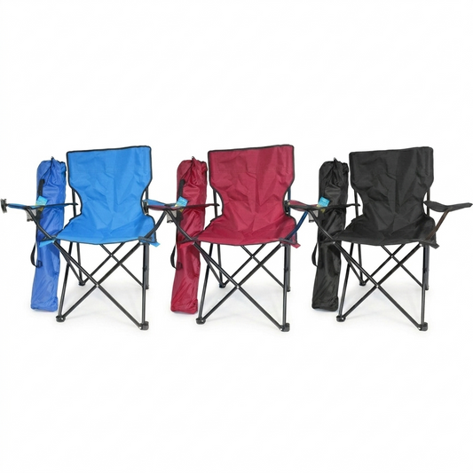 Three folding chairs in blue, red, and black with carrying bags on a white background