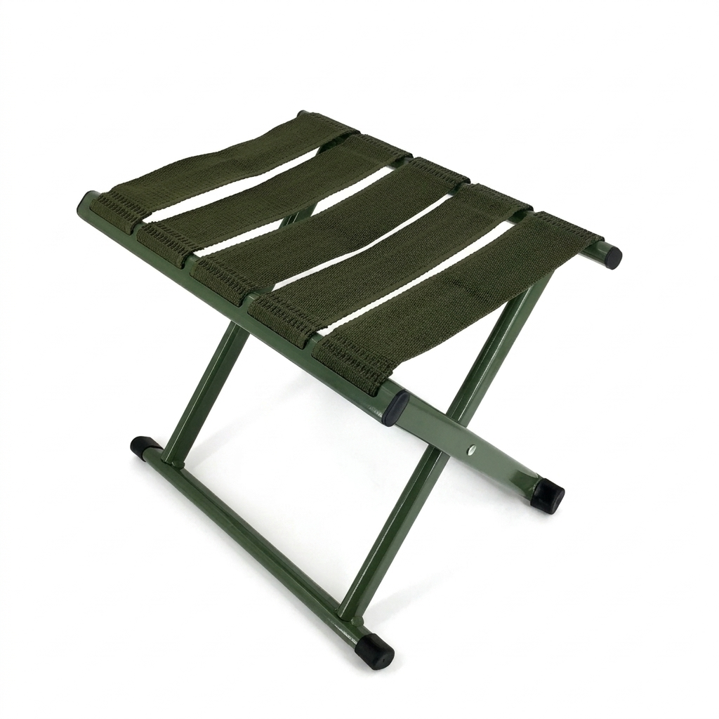 Green folding stool on a white background