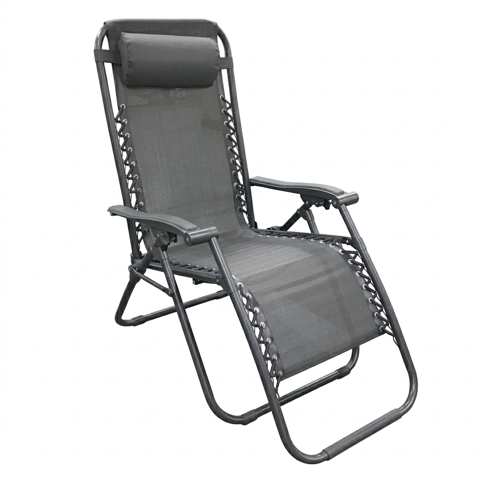 Gray lounge chair with adjustable back on a white background