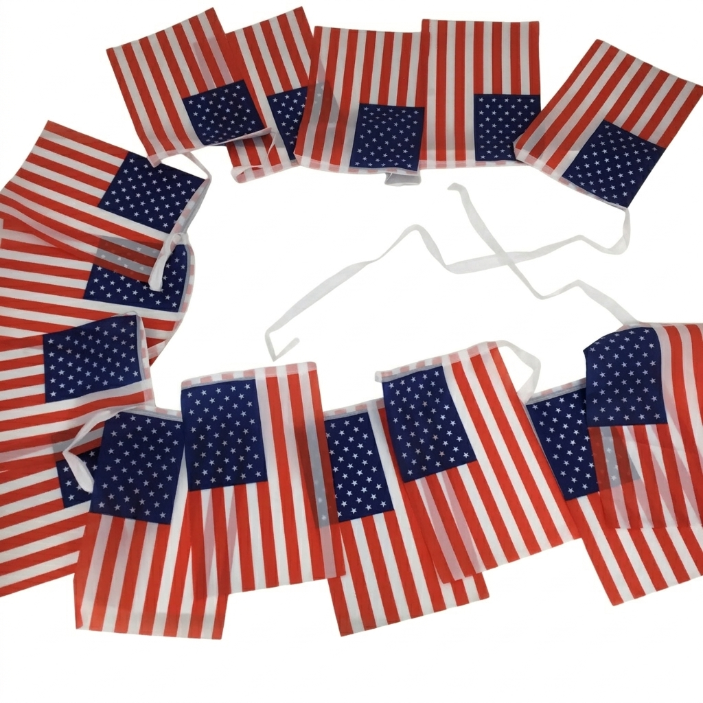 American flag bunting on a white background