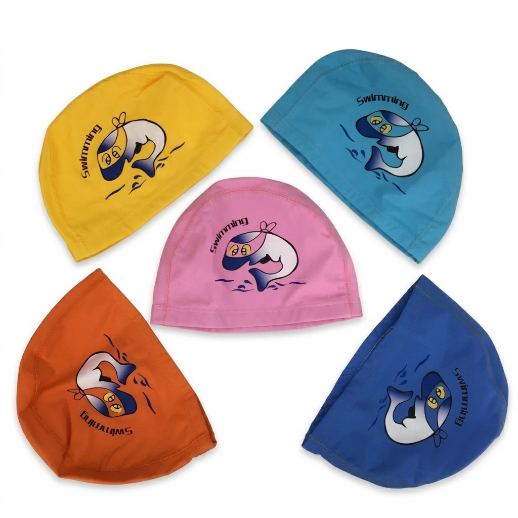 Five colorful swim caps with cartoon fish design on a white background