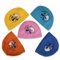 Five colorful swim caps with cartoon fish design on a white background