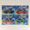 Four packages of swim goggles with different colored lenses on a white background