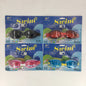 Four packages of swim goggles with different colored lenses on a white background