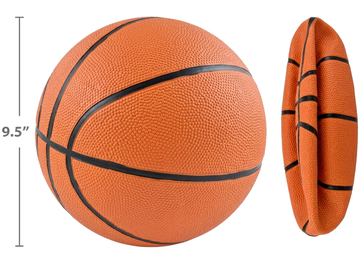 Basketball with black seams and dimensions indicated on a white background