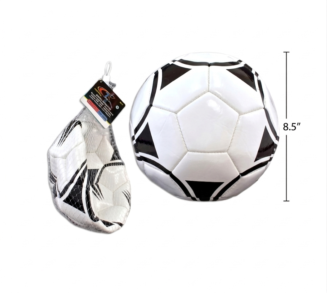 Black and white soccer ball with packaging and dimensions on a white background