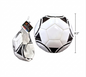 Black and white soccer ball with packaging and dimensions on a white background
