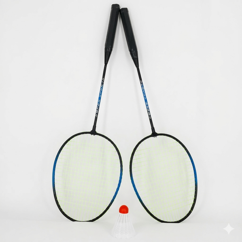 Two badminton rackets on a white background