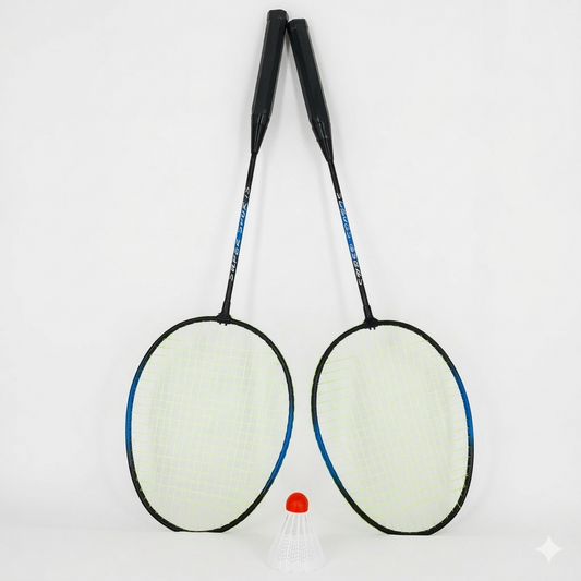 Two badminton rackets on a white background