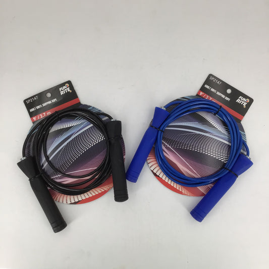 Two jump ropes with black and blue handles on white background