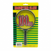 Magnifying glass with '100mm' label on a yellow and green striped packaging