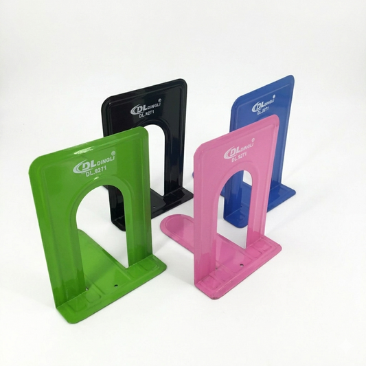 Colorful bookends in green, black, pink, and blue on a white background