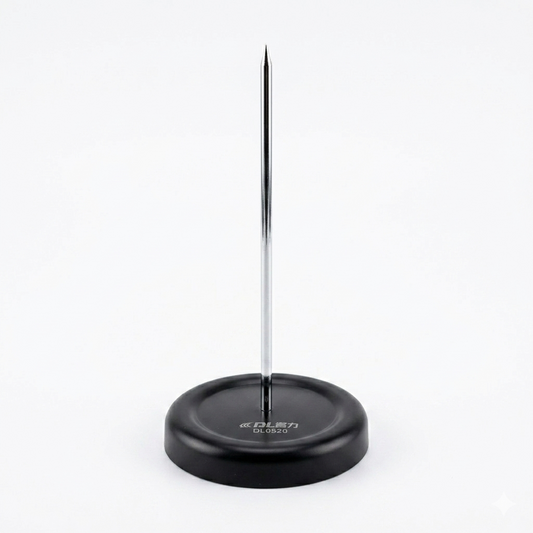 Black magnetic pin holder with a metal pin on a white background