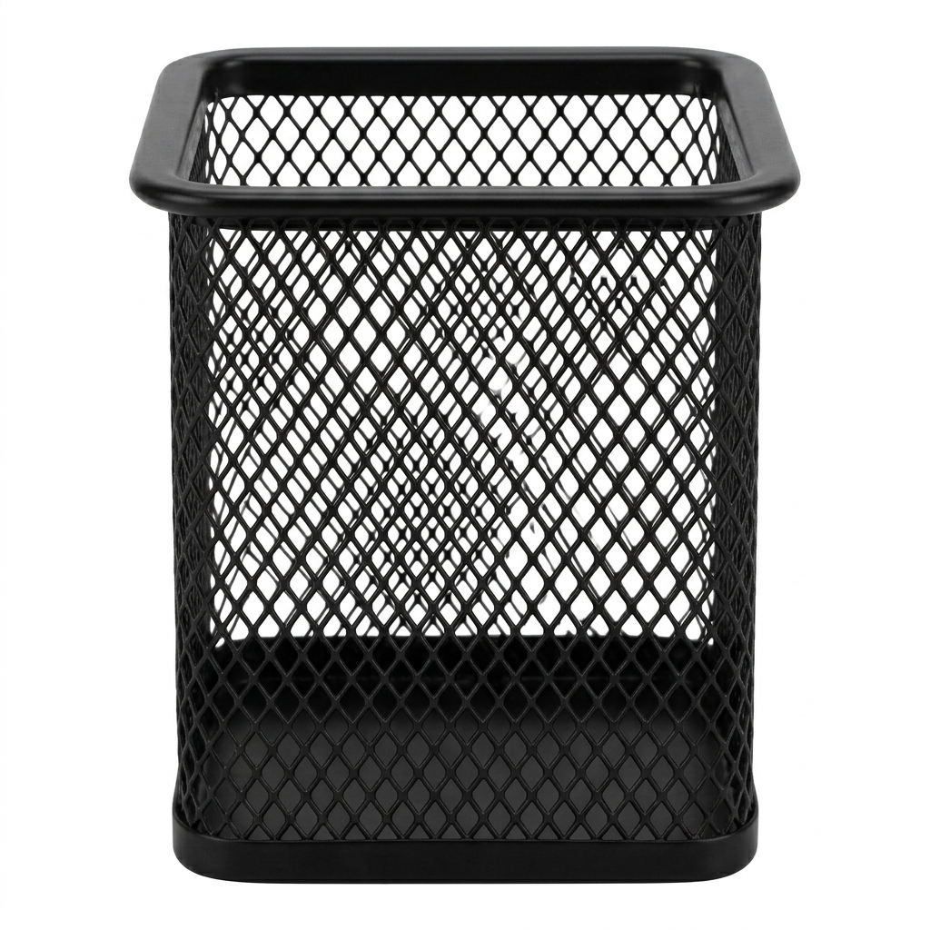 Black mesh pencil holder on a white background