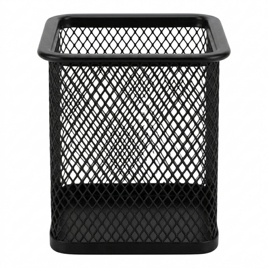 Black mesh pencil holder on a white background