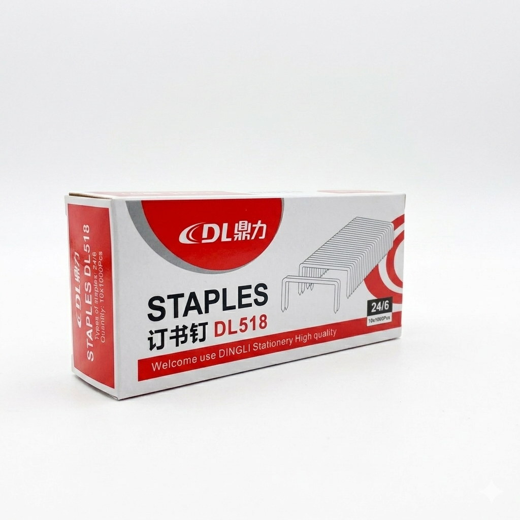 Box of DL Staples on a white background
