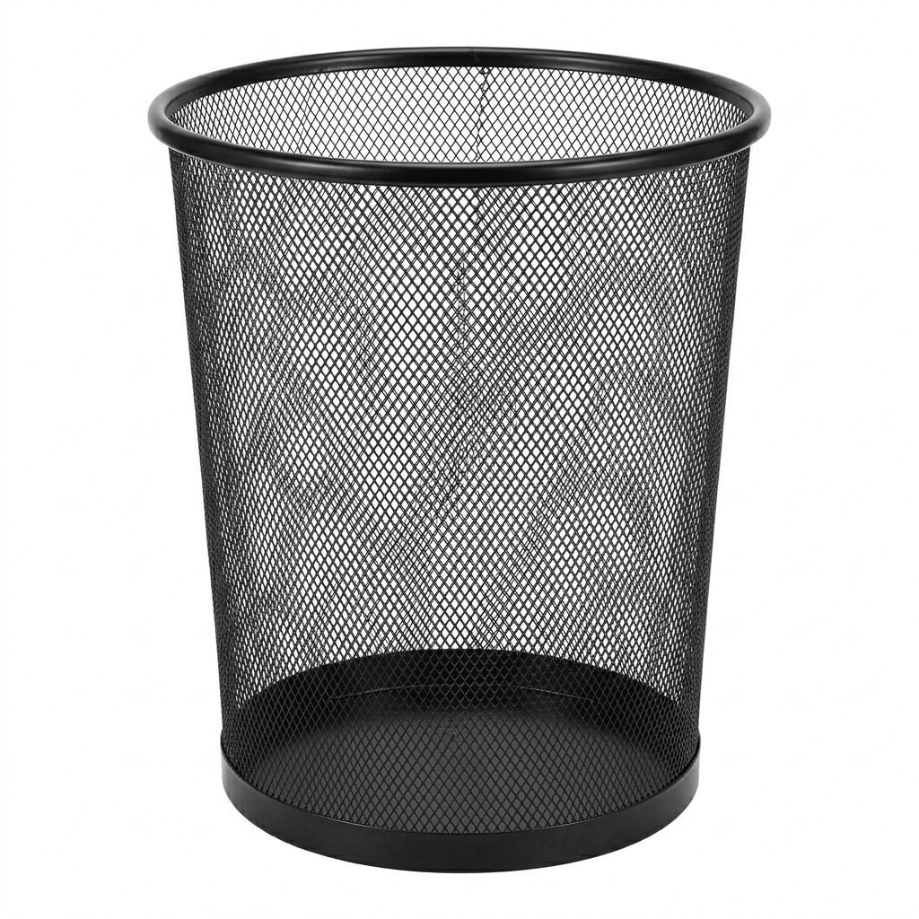 Black mesh waste bin on a white background