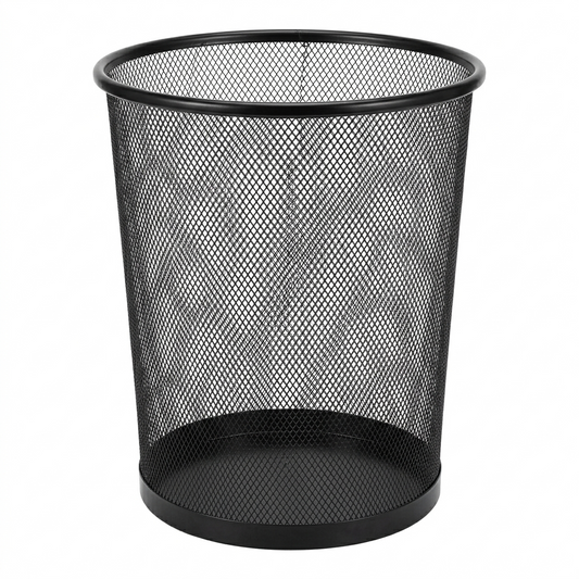 Black mesh waste bin on a white background
