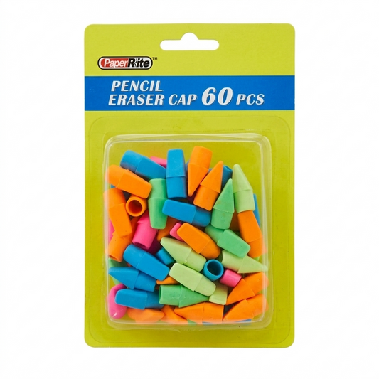 Pack of colorful pencil eraser caps with PaperRite branding on a white background