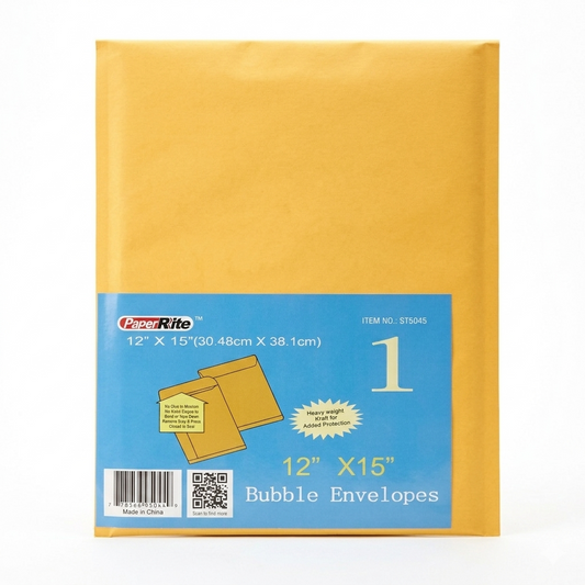 Yellow bubble envelope packaging with blue label on a white background