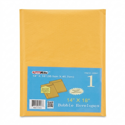 Yellow bubble envelope with PaperRite branding and size information on a white background