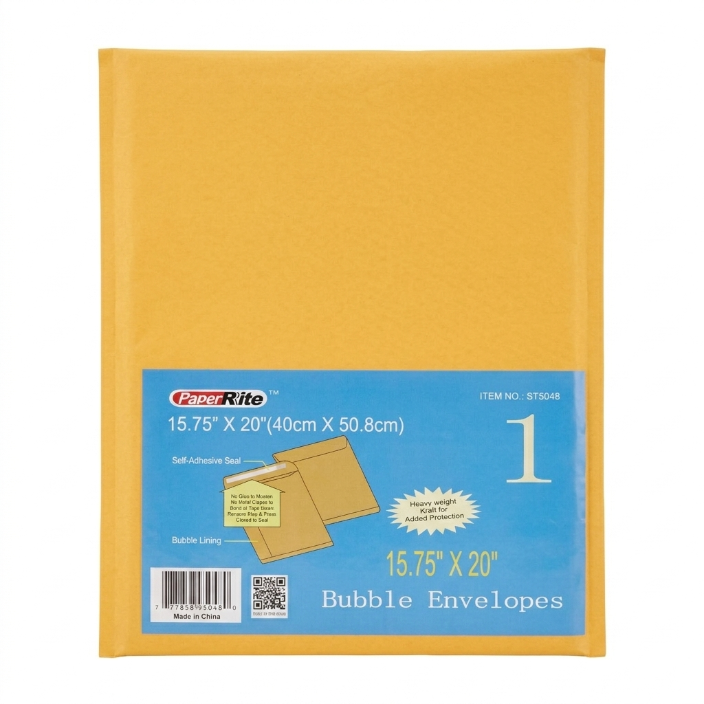Yellow bubble envelope with blue label on a white background