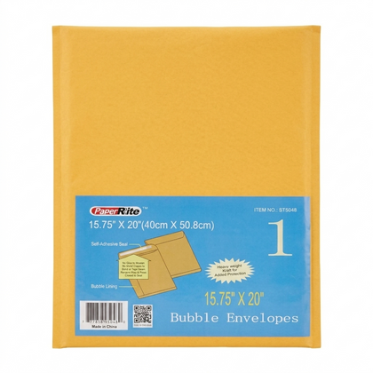 Yellow bubble envelope with blue label on a white background