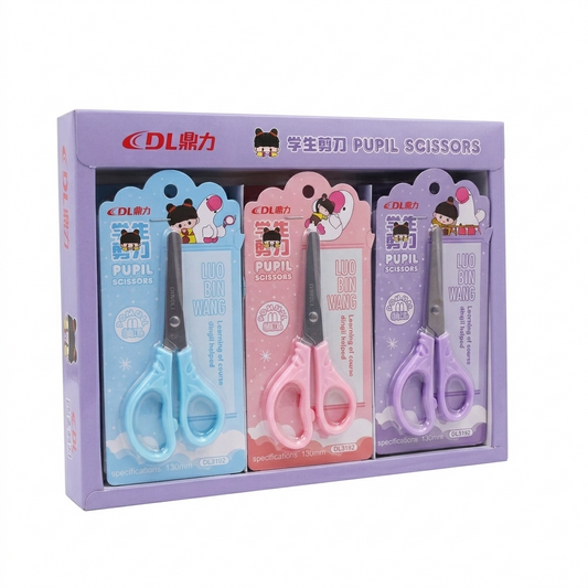 Set of three pairs of scissors in blue, pink, and purple packaging with DL logo.