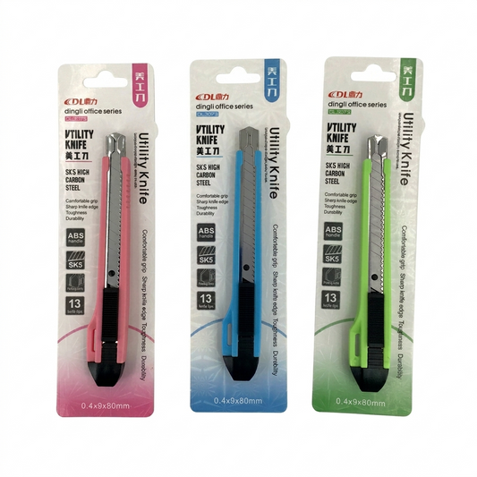 Three packages of utility knives with different colored handles on a white background