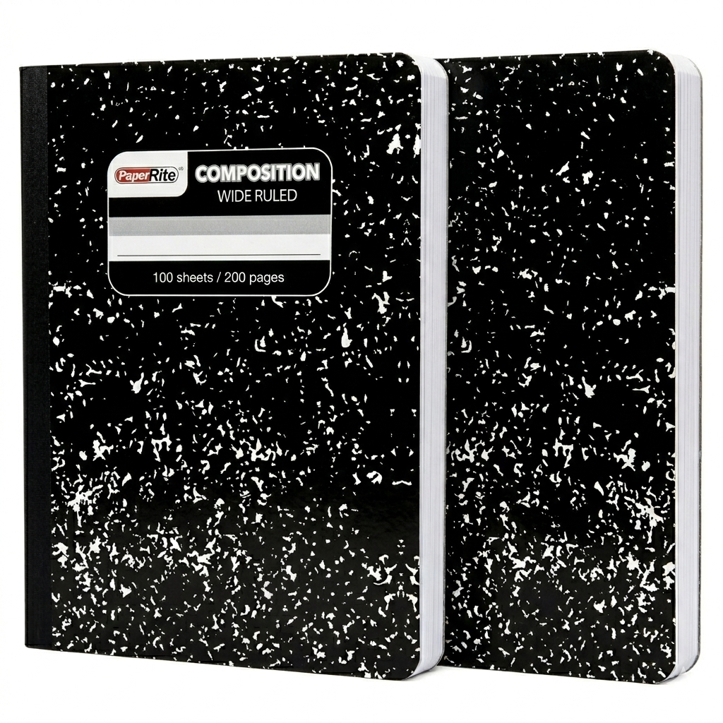 Two black composition notebooks with speckled pattern on a white background