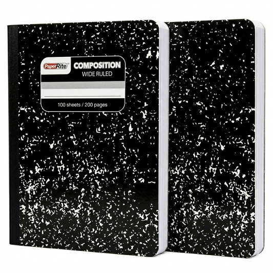 Two black composition notebooks with speckled pattern on a white background