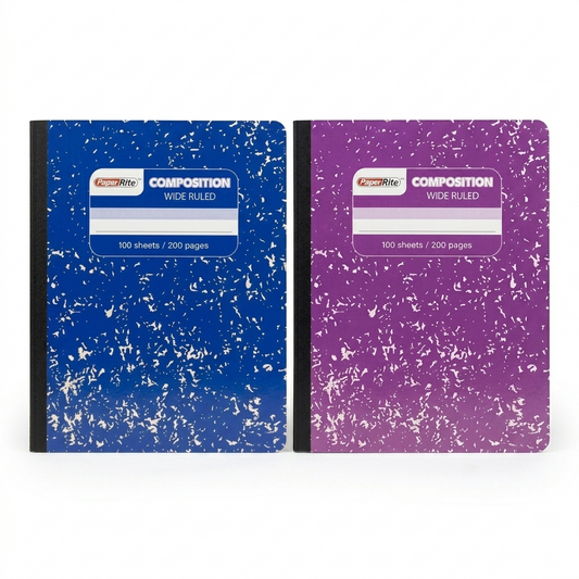 Two composition notebooks, one blue and one purple, on a white background.