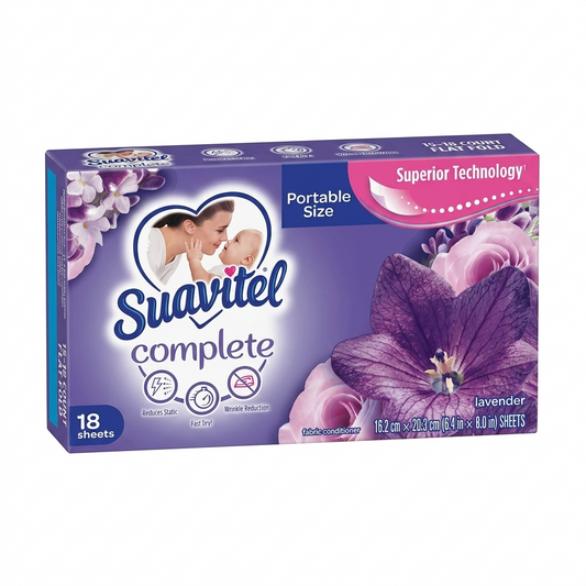 Suavitil complete dryer sheets with lavender design on a white background