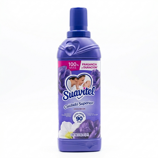 Purple bottle of Suavitel fabric softener on a white background