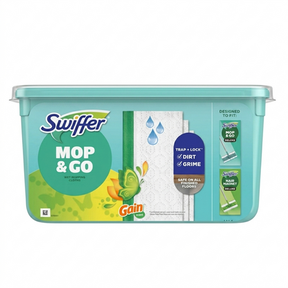 Swiffer Mop & Go cleaning product packaging on a white background