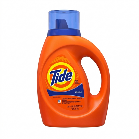 Orange Tide laundry detergent bottle with blue cap on a white background