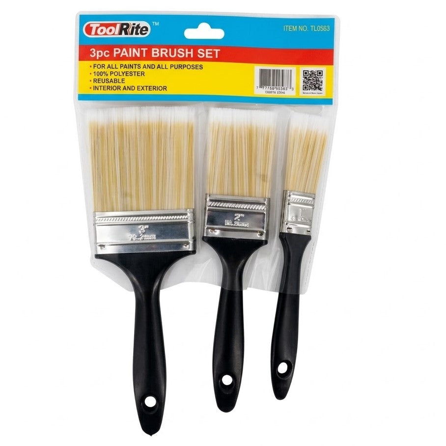 ToolRite 3-Piece All-Purpose Paint Brush Set, 1", 2", 3" Flat Brushes, Wholesale