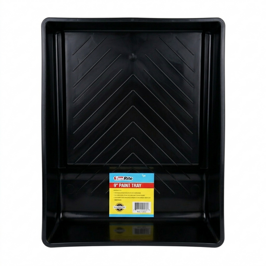 Black paint tray with a label on a white background