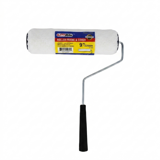 Paint roller with white roller frame and cover on a white background