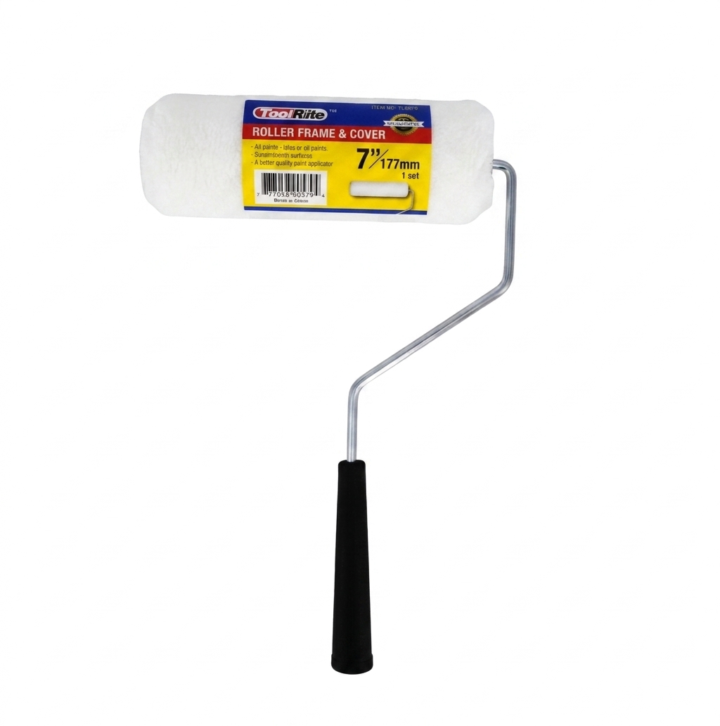 Paint roller with frame and cover on a white background
