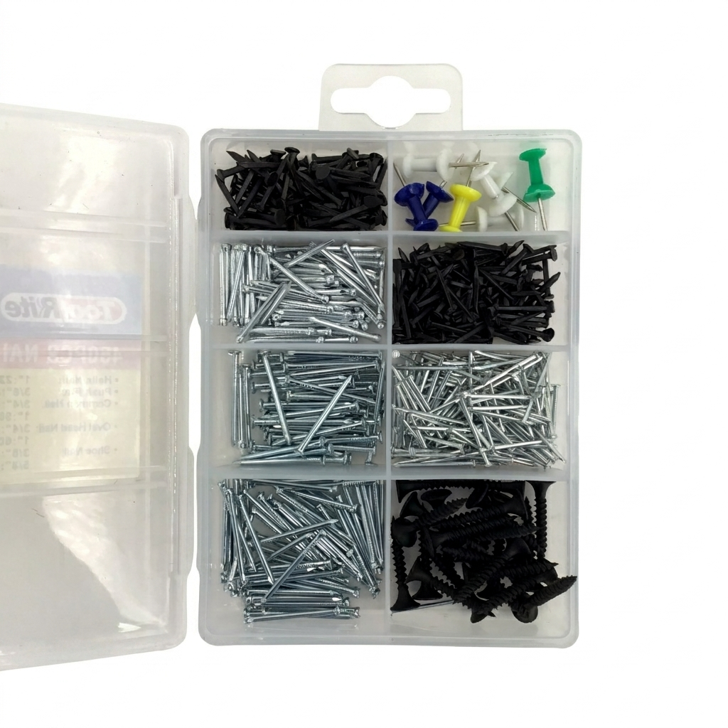 Assorted hardware kit with nails, screws, and plastic parts in a clear organizer on a white background.