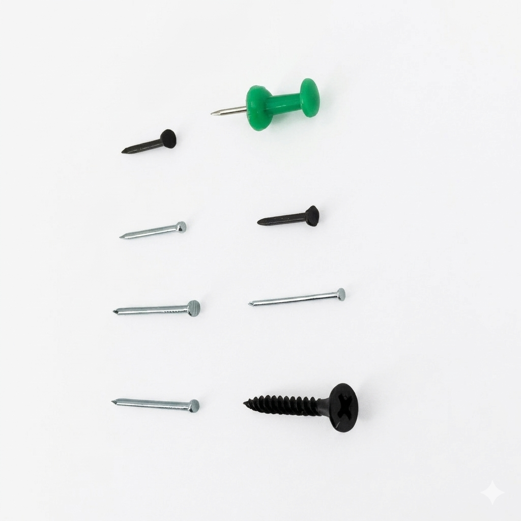 Set of screws and a green thumbtack on a white background