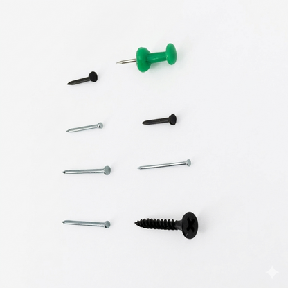 Set of screws and a green thumbtack on a white background