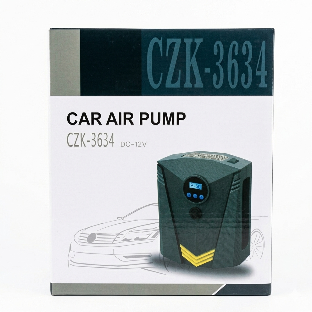 Box packaging of a car air pump with model number CZK-3634 on a white background.