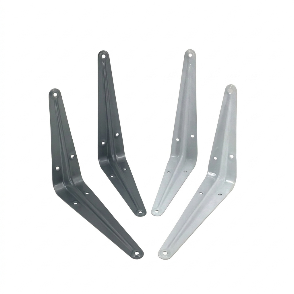 Two metal brackets, one black and one silver, on a white background