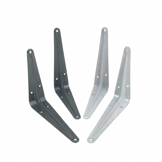 Two metal brackets, one black and one silver, on a white background