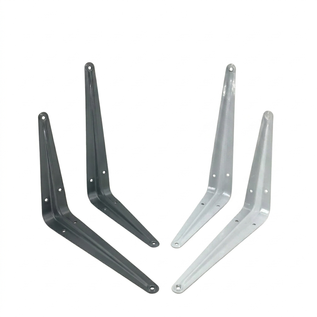 Two metal brackets, one black and one silver, on a white background.