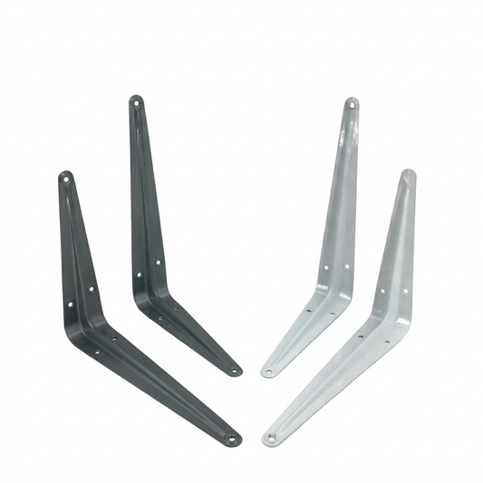 Two metal brackets, one black and one silver, on a white background.
